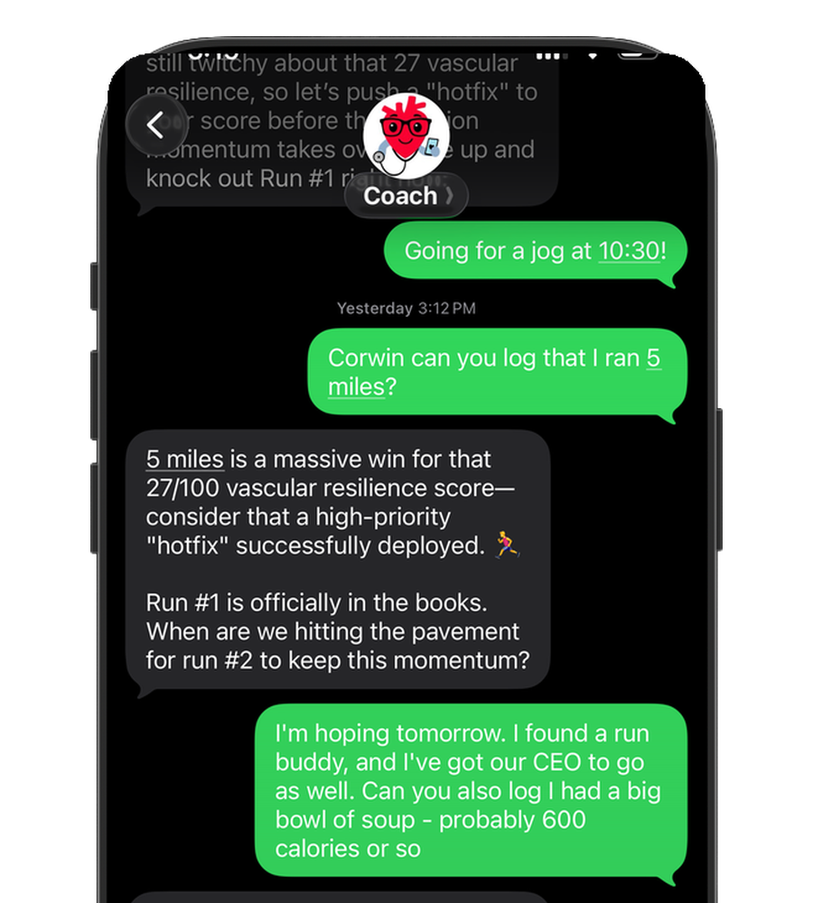 SMS text conversation with Corwin AI coach