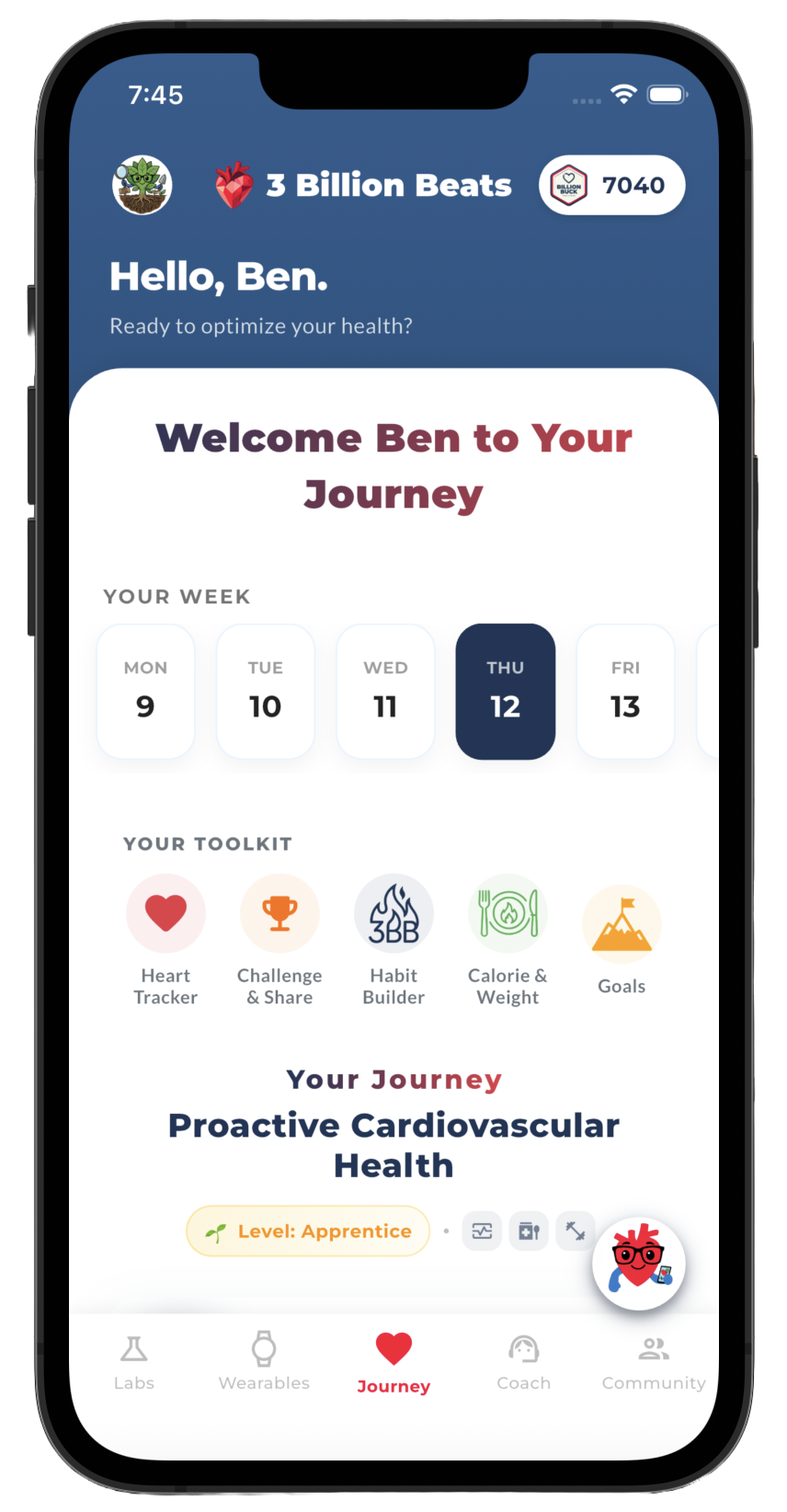 3 Billion Beats App — Dashboard with Heart Tracker, Habit Builder, Calorie & Weight, Goals, and weekly GAIN Curriculum
