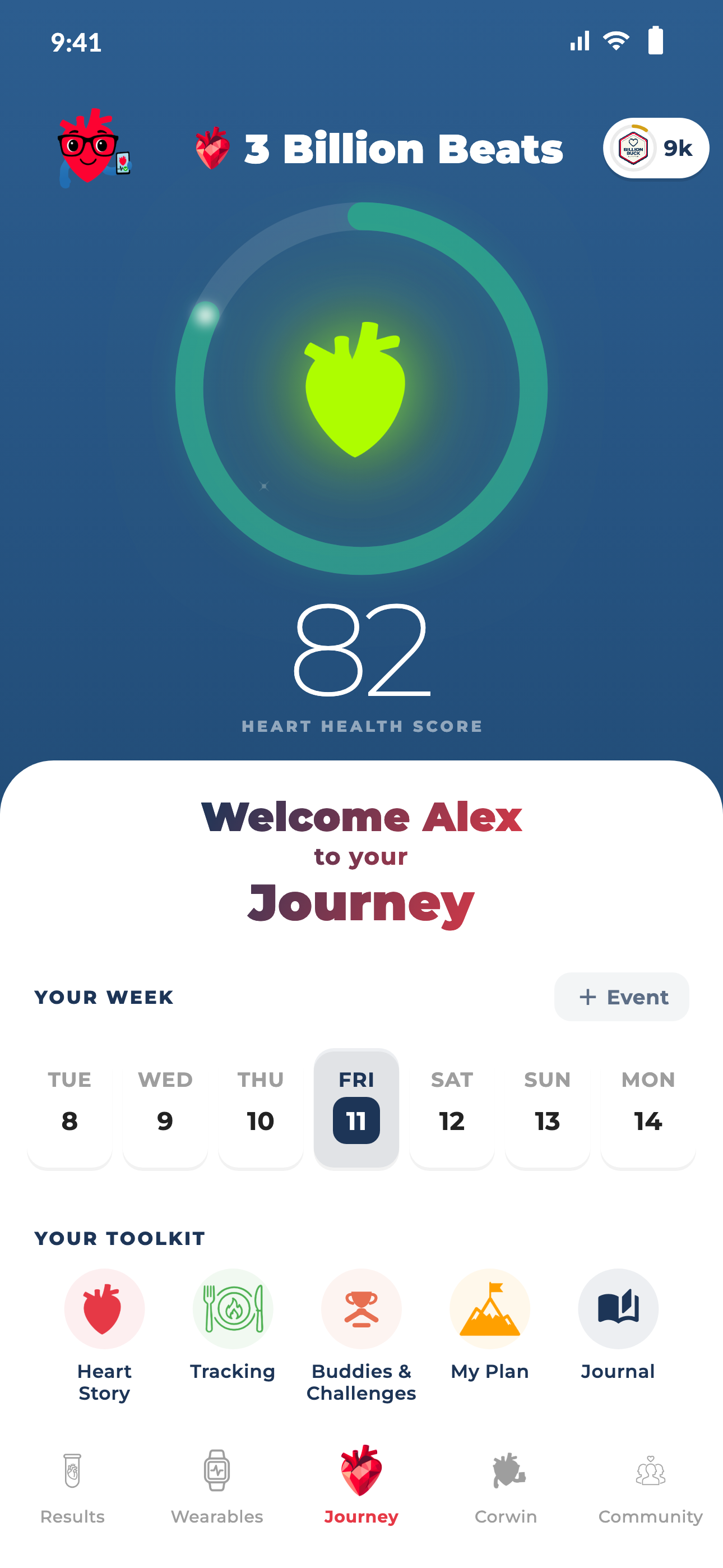 Current 3 Billion Beats Journey: Heart Health Score, updated calendar and bottom navigation
