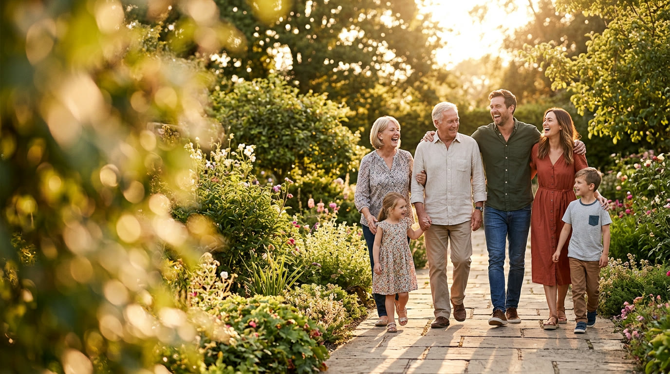 Three generations of a family walking arm in arm down a garden path in warm evening light