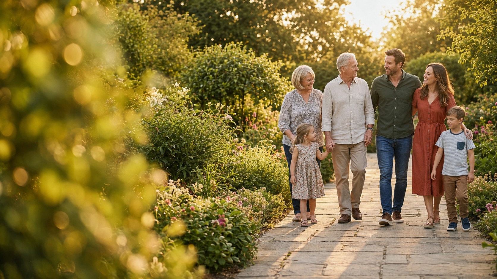 Three generations of a family walking and talking along a neighborhood park path