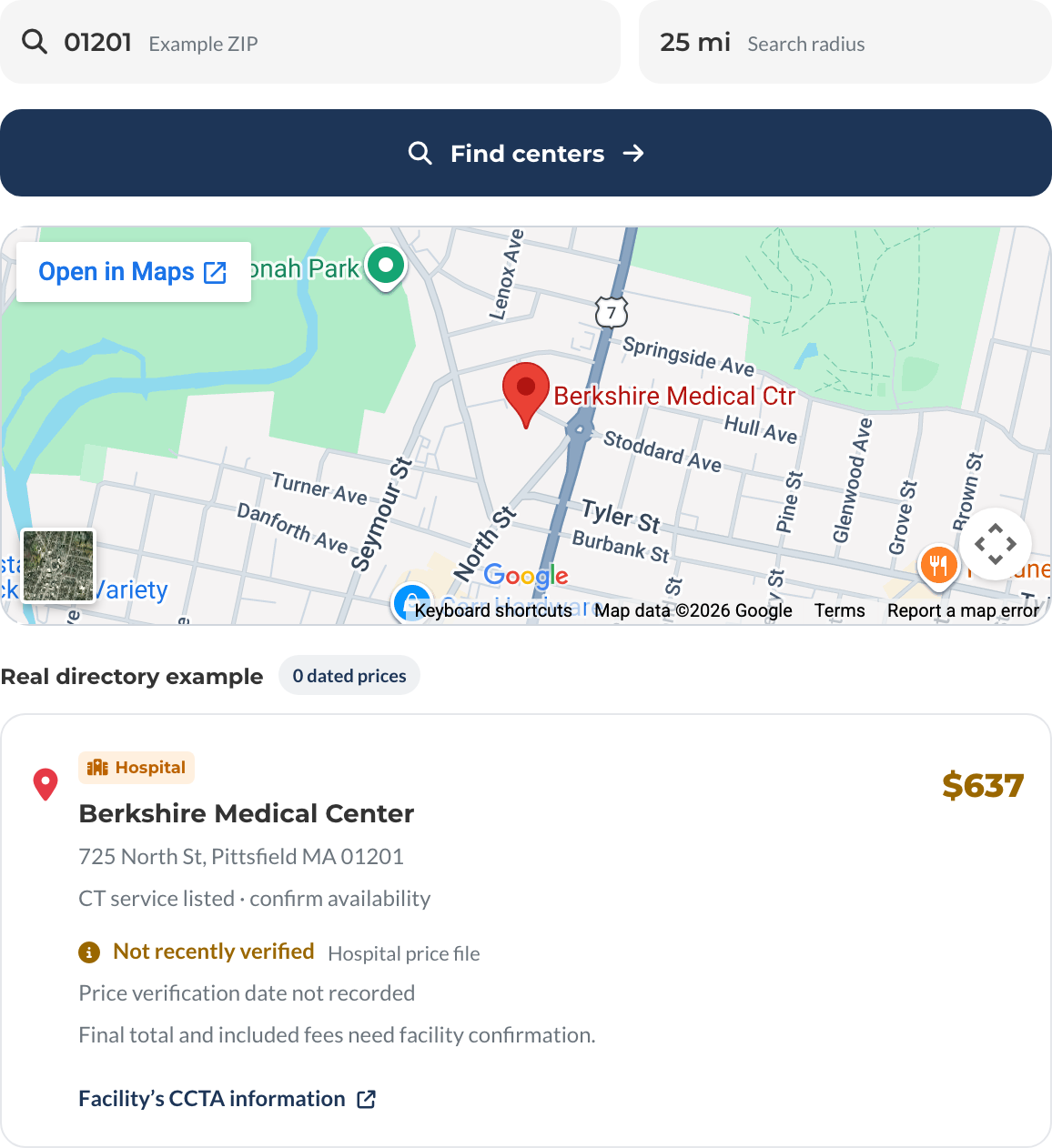 CTA finder preview: Google map and Berkshire Medical Center from our directory. Listed price $637, not recently verified. Verification date unknown.
