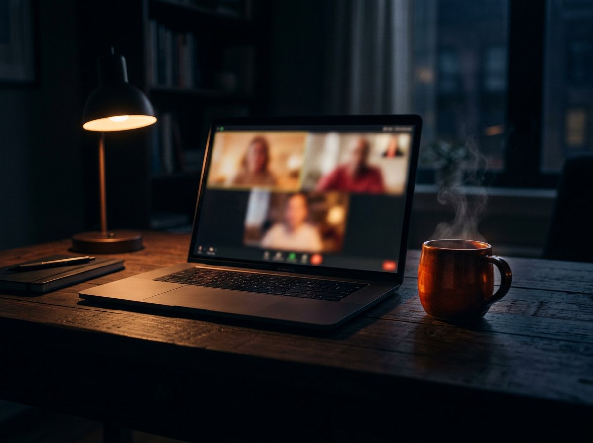 A laptop showing a video call on a dark desk in evening light