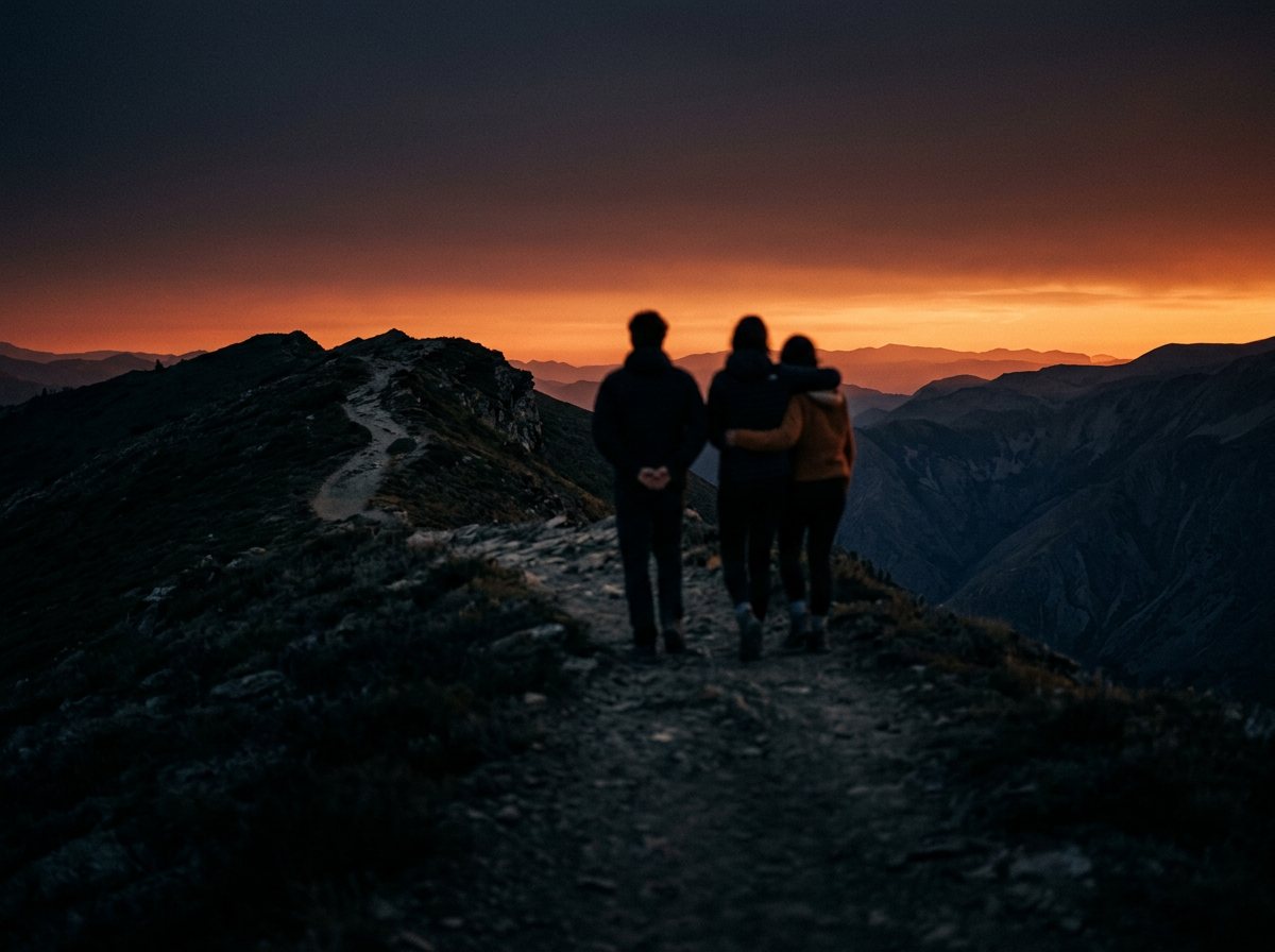 Friends walking a ridge trail together against a deep sunset