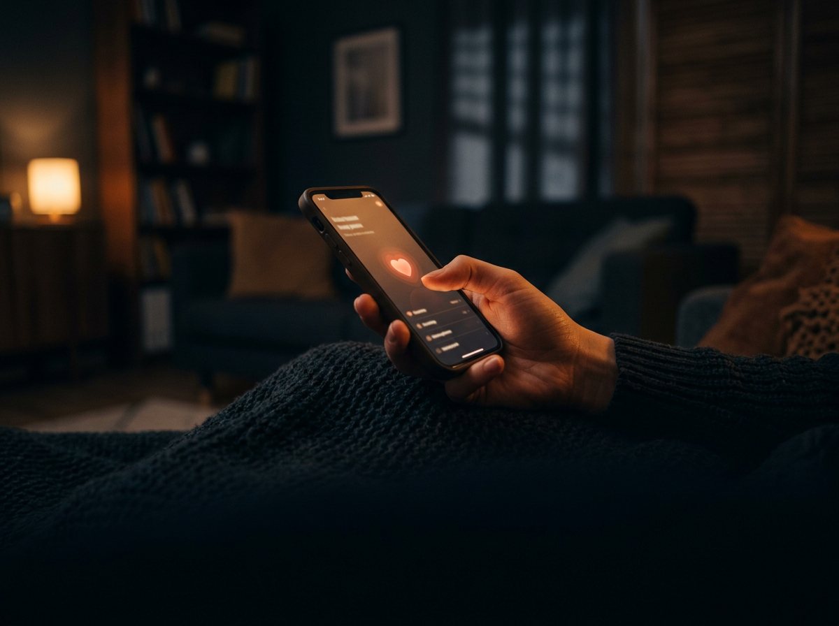 A hand holding a warmly glowing phone in a dark room at night