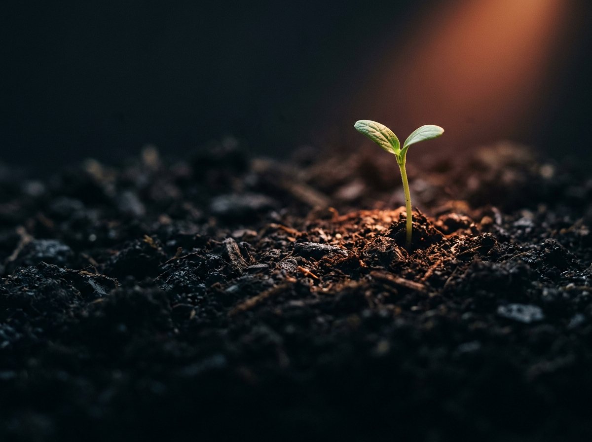 A green seedling in dark soil lit by a single warm beam