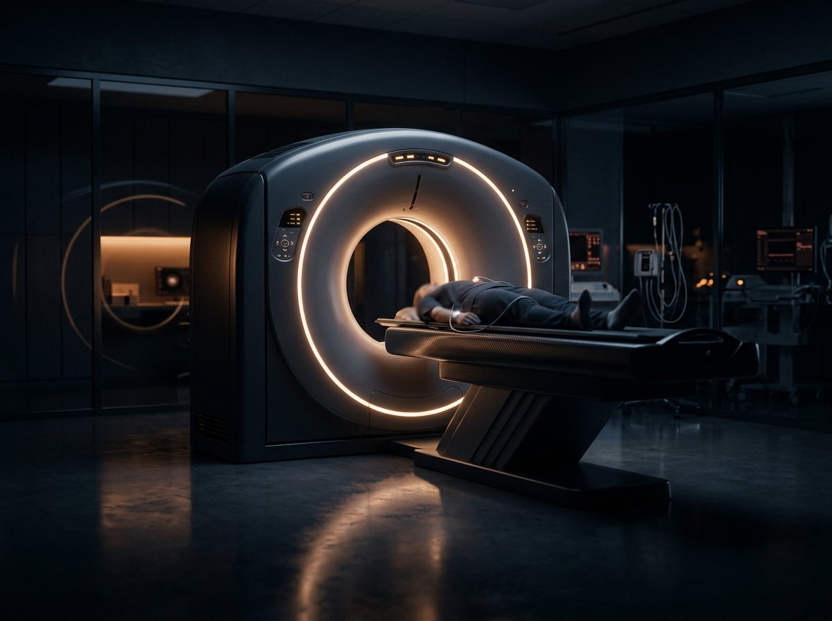 A CT scanner glowing softly in a darkened imaging suite