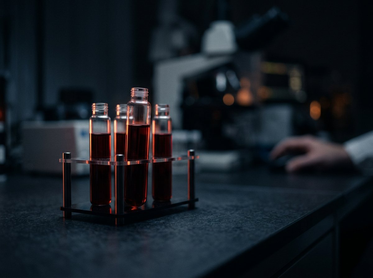 Blood sample vials in a dark laboratory, one lit by warm light