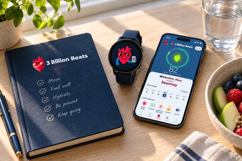 3 Billion Beats app, Corwin on a watch, and a daily health journal beside water and fruit