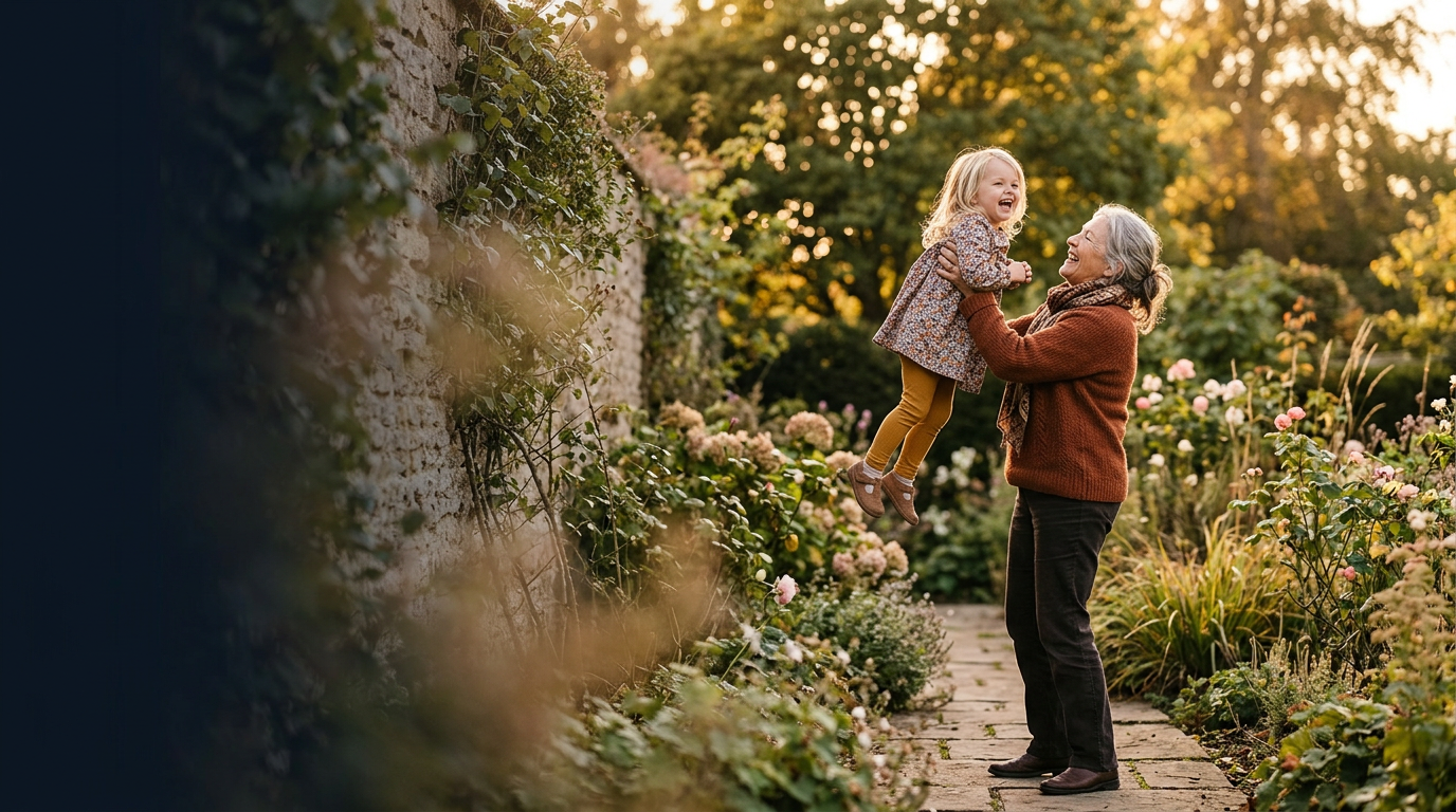 A grandmother lifts her laughing grandchild in a garden at golden hour