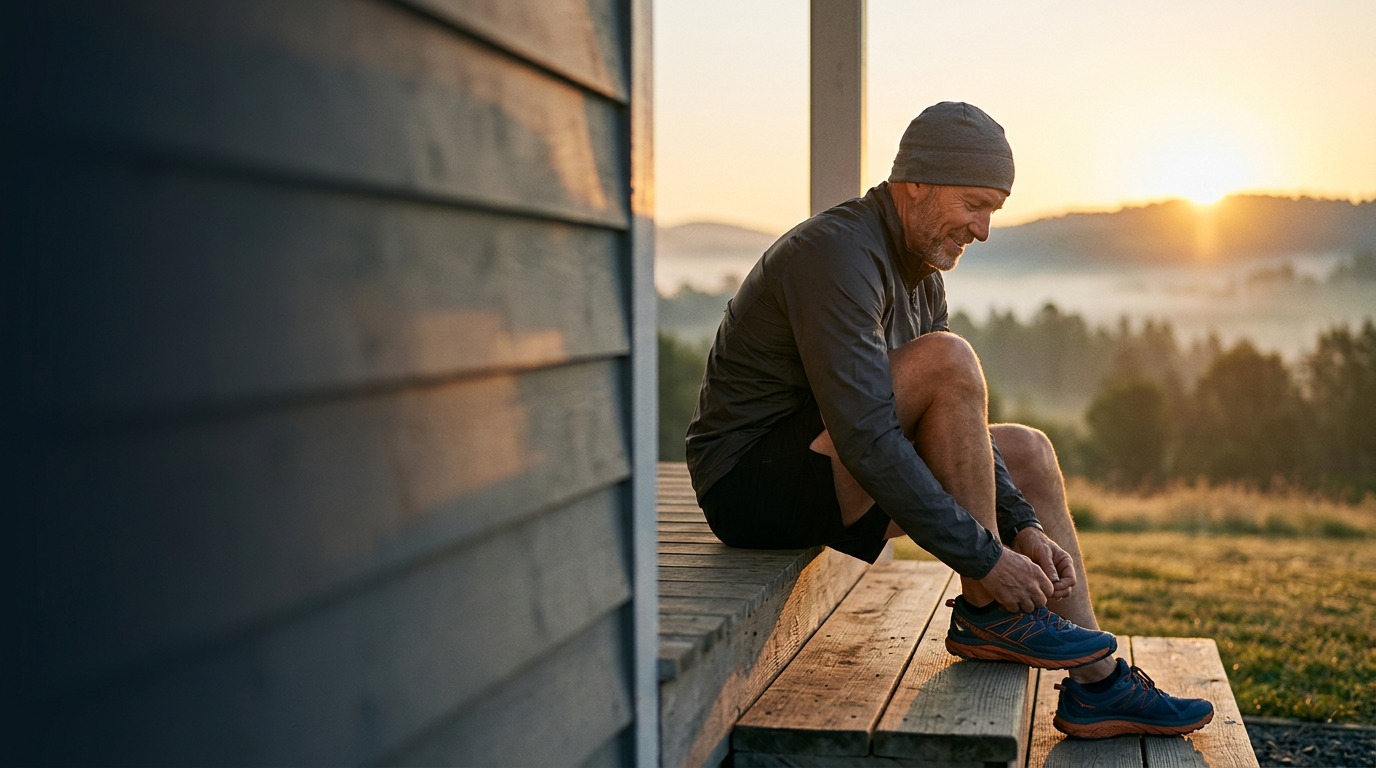 A man laces his running shoes on porch steps at sunrise