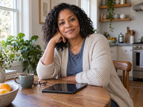 A woman sharing a relaxed smile at her kitchen table with a tablet
