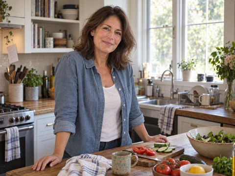 A woman in a denim shirt enjoying a quiet moment in her kitchen