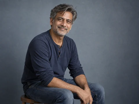 A man in a navy shirt smiling in a simple studio portrait