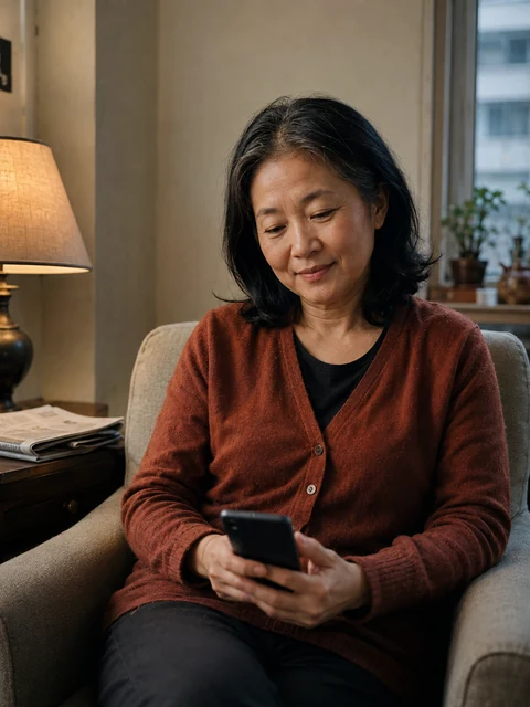 A woman in a rust cardigan looking at her phone at home