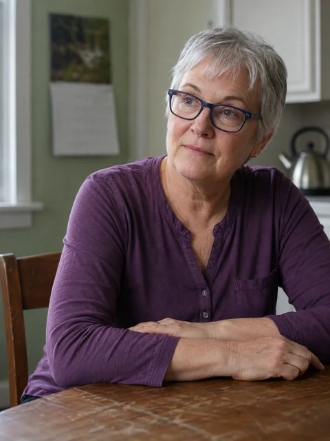A silver-haired woman with glasses listening at her kitchen table