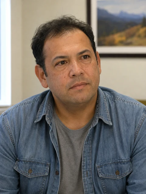 A man in a denim overshirt listening in a clinic waiting room